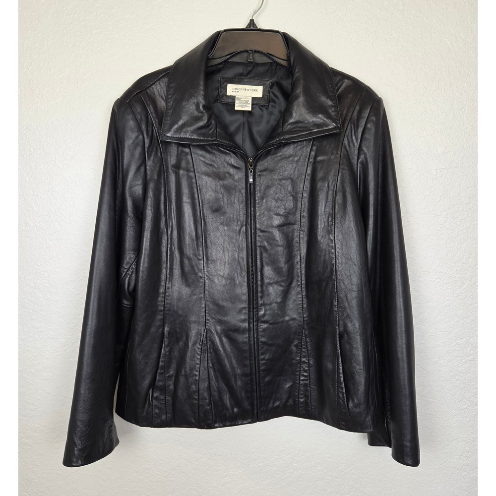 Jones New York Sport Womens Butter Soft Black Leather Jacket Zip Up, Pockets XL*